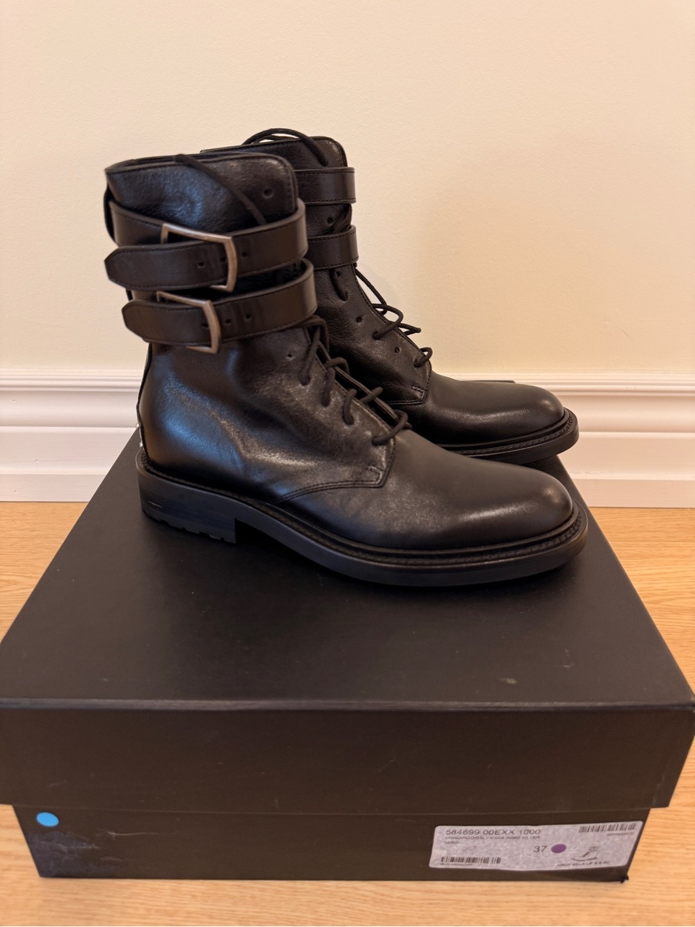 Saint Laurent Black Leather Lace-Up Ankle Boots with Double Straps